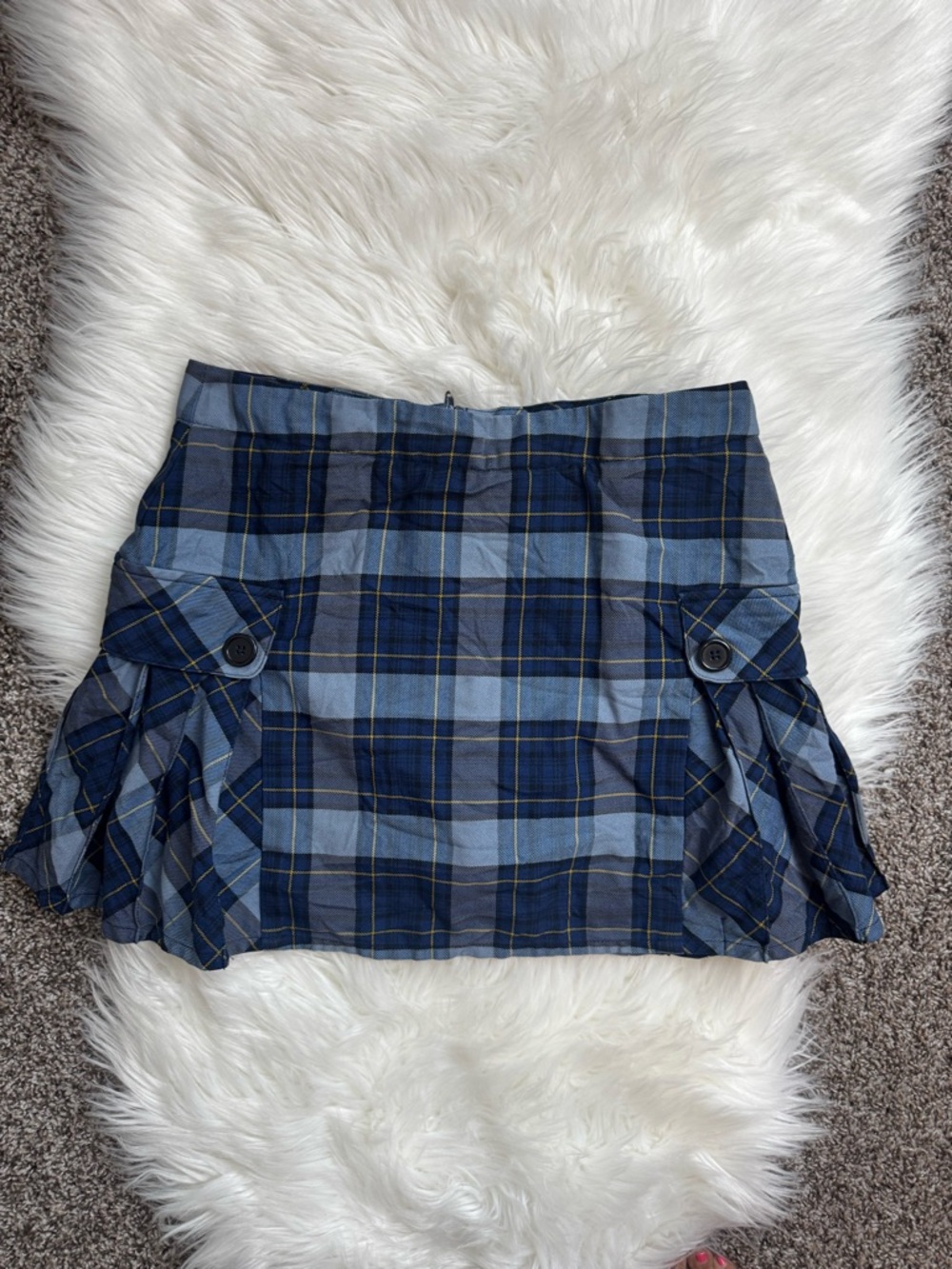 Lands End preppy Blue Plaid Mini Skirt with Buttoned Side Pockets